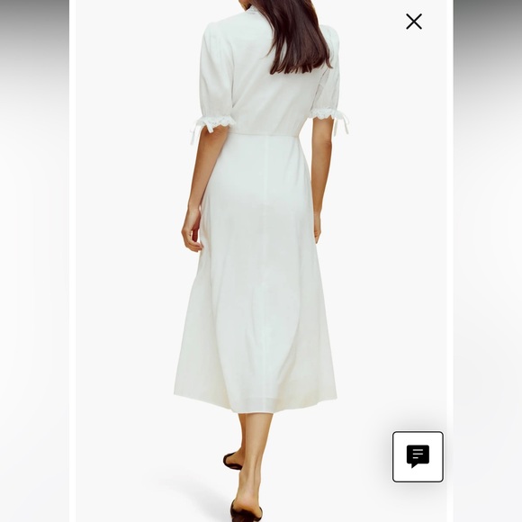 new Reformation Ketra puff sleeve button up lace trim midi dress in white cotton - Picture 3 of 11